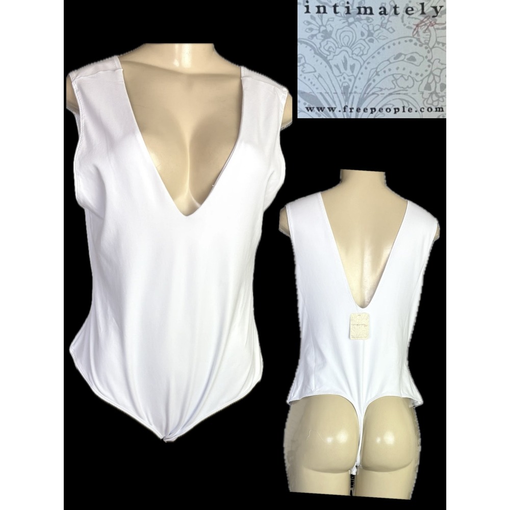 Intimately Free People White Deep V-Neck Sleeveless Low Back Thong Bodysuit XL